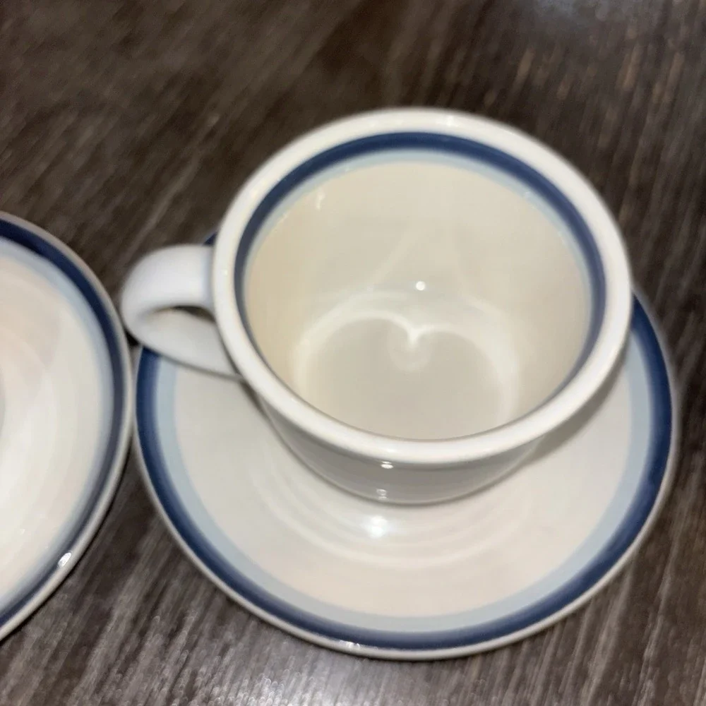 PFALTZGRAFF coffee tea cups mugs saucers stoneware set of 2 White & blue
